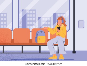 Girl sitting in subway. Travel, trip and adventure, female tourist vehicle. Young girl in headphones with backpack sits by window. Poster or banner for website. Cartoon flat vector illustration