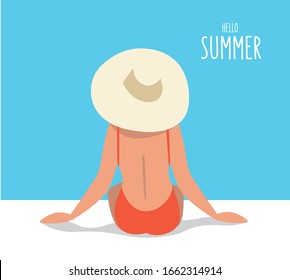 Girl sitting swimsuit and hat near swimming pool. Relax and summer vacation concept. Flat vector illustration.