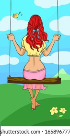 Girl sitting in swing on hill