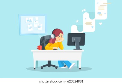 Girl sitting at a table behind a computer looking at the computer screen. Girl watching social network. Internet surfing concept. Flat vector illustration.