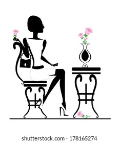 Girl sitting at a table in a cafe, vector