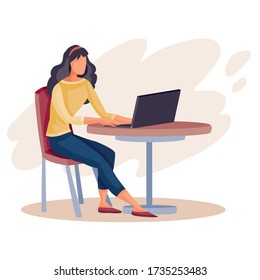 niña sentada en una mesa en un café y trabajando en una laptop, objeto aislado en un fondo blanco, ilustración vectorial,