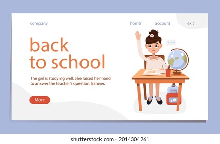 The girl is sitting at the table in the classroom. The student answers the question. The concept of education, for the design of a banner or landing page.