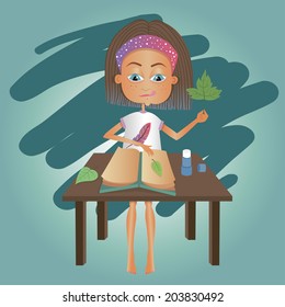 Girl sitting at the table and collects herbarium. Greens, petal. vector