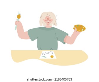 The girl is sitting at the table drawing with inspiration. The concept of imagination and creativity. The artist creates visual art. Vector flat illustration for advertising, postcards, web design.