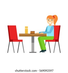 Girl Sitting At The Table Eating A Cake, Smiling Person Having A Dessert In Sweet Pastry Cafe Vector Illustration