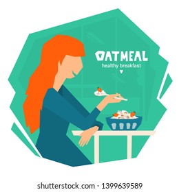 Girl is sitting at the table and eating oatmeal. Vector illustration of oat bowl with strawberry and almond. Young woman eat porridge for breakfast. Scene of healthy lifestyle. Banner or book design.