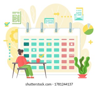 Niña sentada a la mesa organizando eficazmente su trabajo. Fecha de planificación con calendario. Marcas de verificación, símbolos, fechas importantes, tareas y reuniones, planificación de eventos. Concepto de la información de programación