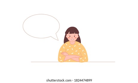 Girl is sitting at the table. Empty speech bubble with copy space. Education, school concepts for dialog, conversation, quote. Vector illustration with cute female portrait.