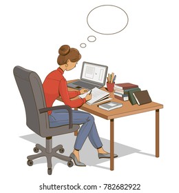 Girl is sitting at a table with a laptop and books and empty text bubble. Vector illustration.