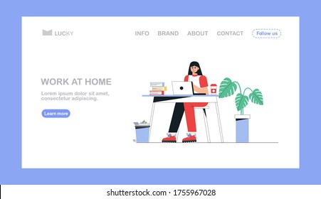 Girl is sitting at a table with laptop. Woman working from home. Home office concept, flat style vector illustration. Freelance, online education or social media concept for landing page,flyer.