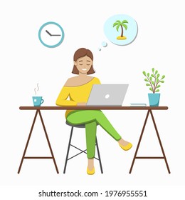 Girl sitting at the table looking on computer, working and thinking about vacation or looking for place to go in the internet. Cozy atmosphere, modern furniture, cup of hot tea, book and home plant