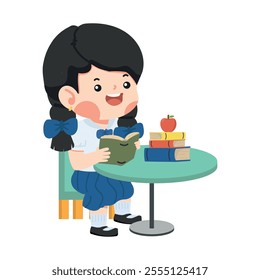 girl sitting at a table reading a book