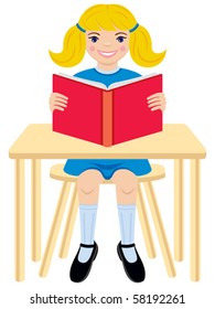 Girl Sitting at a Table Reading a Book Vector