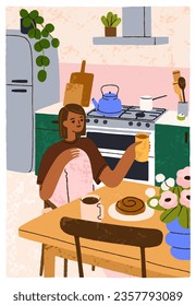 Girl sitting at table with tea mug and roll in cozy kitchen. Young black woman with coffee cup and sweet bun, bakery during breakfast. Calm relaxed morning at hygge home. Flat vector illustration