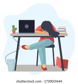 La chica está sentada en la mesa, cansada, cansada de todo, así que puso su cabeza en las manos. Concepto-educación, trabajo independiente o negocio a distancia. Ilustración vectorial en estilo plano.