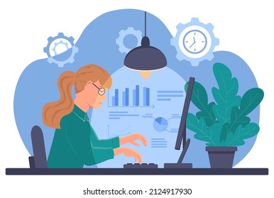 Girl is sitting at the table and typing on the computer keyboard. Young woman works by the light of a lamp. Student is preparing for the exam. Graphs and charts in the background. Vector illustration