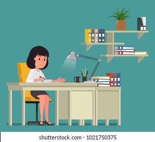 The girl is sitting at the table. Vector illustration. Suitable for animation (individual segments)