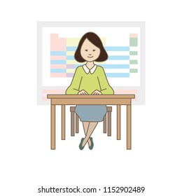 The girl sitting at the table. Vector illustration.