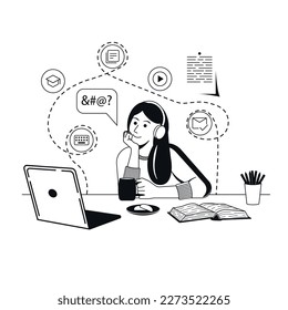 Girl sitting at a table and watching laptop. Concept illustration of online courses, distance studying, self education, digital library.E-learning banner.Online education.black and white illustration