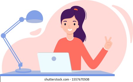 The girl is sitting at the table and working on a laptop. Vector illustration.