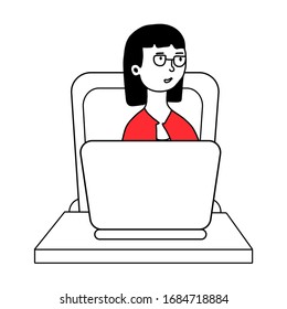 The girl is sitting at a table and working on a computer. The concept of remote work during the quarantine. hand drawn vector design illustrations in a flat style isolated on a white background.