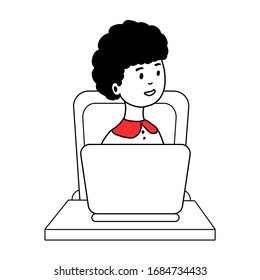 The girl is sitting at a table and working on a computer. The concept of remote work during the quarantine. hand drawn vector design illustrations in a flat style isolated on a white background.