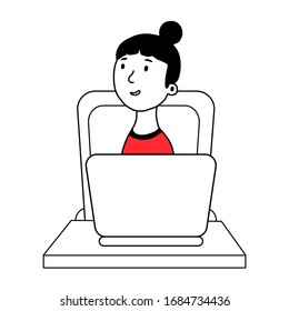 La chica está sentada en una mesa y trabajando en una computadora. El concepto de trabajo a distancia durante la cuarentena. ilustraciones de diseño vectorial dibujadas a mano en un estilo plano aislado en un fondo blanco.