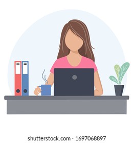 The girl is sitting at a table and working on a laptop. Vector illustration in the flat design style.