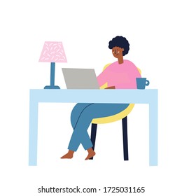 Girl sitting at the table working on the laptop. Freelance, work at home concept. HAnd drawn vector illustration.