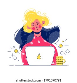 Girl sitting at the table and working on a computer . Work on laptop at home or office, coworking space. Freelance and studying online. Vector stock cartoon flat illustration on white background.