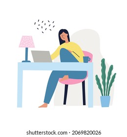 Mädchen sitzt am Tisch und arbeitet am Laptop. Freelance, Arbeit zu Hause Konzept. HAund gezeichnete Vektorgrafik.