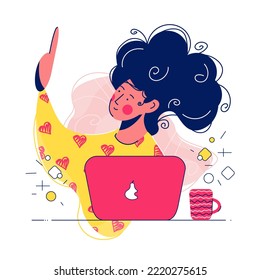 Niña sentada en la mesa, trabajando en una computadora y tener idea. Trabajar en laptop en casa, oficina, espacio de coworking. Freelance, estudiando en línea. Dibujo plano de dibujos animados sobre fondo blanco.
