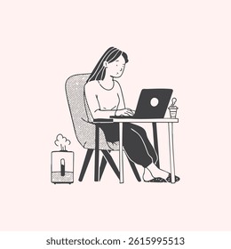 A girl is sitting at a table and working on a laptop with an air humidifier next to it. Freelance. Black and white minimalist vector illustration.

