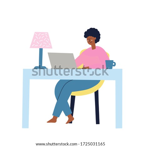 Girl sitting at the table working on the laptop. Freelance, work at home concept. HAnd drawn vector illustration.