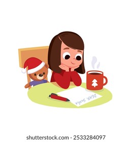 Girl, sitting at a table, is writing a letter to Santa Claus,  ponders, shares her Christmas wishes on festive paper. Beside her is a cup of hot cocoa, chocolate. Magical, peaceful holiday atmosphere.