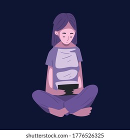 Girl Sitting with Tablet PC at Night, Person Using Digital Gadget for Playing Online Video Game or Chatting on Social Networks Vector Illustration