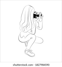 
Girl sitting takes pictures. A sketch of a seated girl. Isolated image of people.
