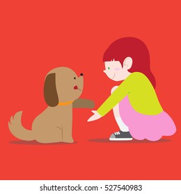 Girl sitting and teaching her pet dog to give hand vector stock