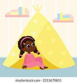 The girl is sitting in a tent in the children's room. Illustration in cartoon style.