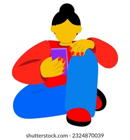 The girl is sitting and texting with someone on the phone. Communicates using a smartphone. The girl is resting, sitting on the floor with the phone in her hands. The girl is sitting, talking