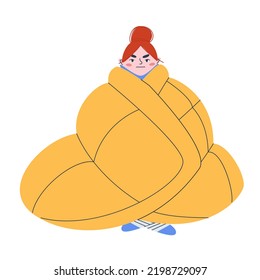 The girl is sitting in a thick blanket. An angry and frozen woman wrapped herself in a blanket. The concept of the onset of cold weather. Flat vector illustration. Eps10