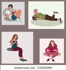 The girl is sitting and thinking, the girl is resting, the guy is sitting and reading, the guy is lying and reading. Set of human figures. Isolated image. 