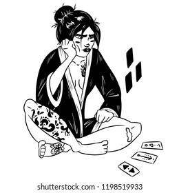 Girl sitting and thinking with tarot cards. Witchcraft illustration