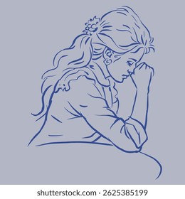 Uma menina está sentada e pensando vetor para cartão, decoração, ilustração