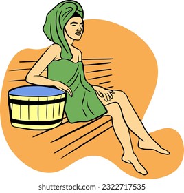 girl is sitting in towel in bath, sauna is steaming next to wooden bucket. SPA rest, water treatments. the bath attendant.