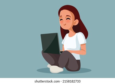 
Girl Sitting and Typing on her Laptop Vector Cartoon Illustration. Teenager using her personal computer for e-learning and leisure activities
