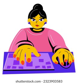 The girl is sitting and typing on the keyboard from the computer. It works with the help of a computer. A focused girl works sitting at her desk using a keyboard and mouse. The girl is sitting working