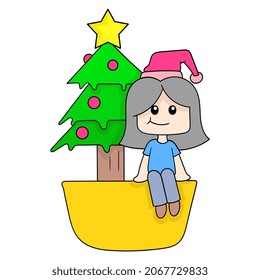 girl sitting under a fir tree waiting for a surprise Christmas gift, vector illustration art. doodle icon image kawaii.