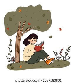 Girl sitting under a tree and reading a book. Creating a cozy and relaxing scene.